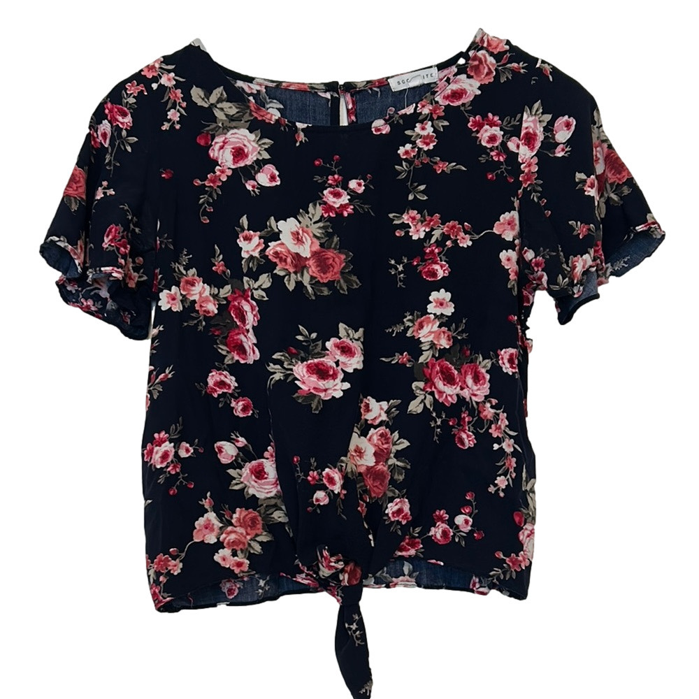 Socialite Navy Floral Women's Tie Front Top, Small